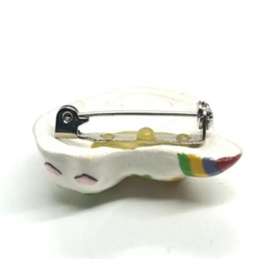 VINTAGE CAT BROOCH Ceramic Hand Painted Rainbow Hearts Folk Art Whimsical